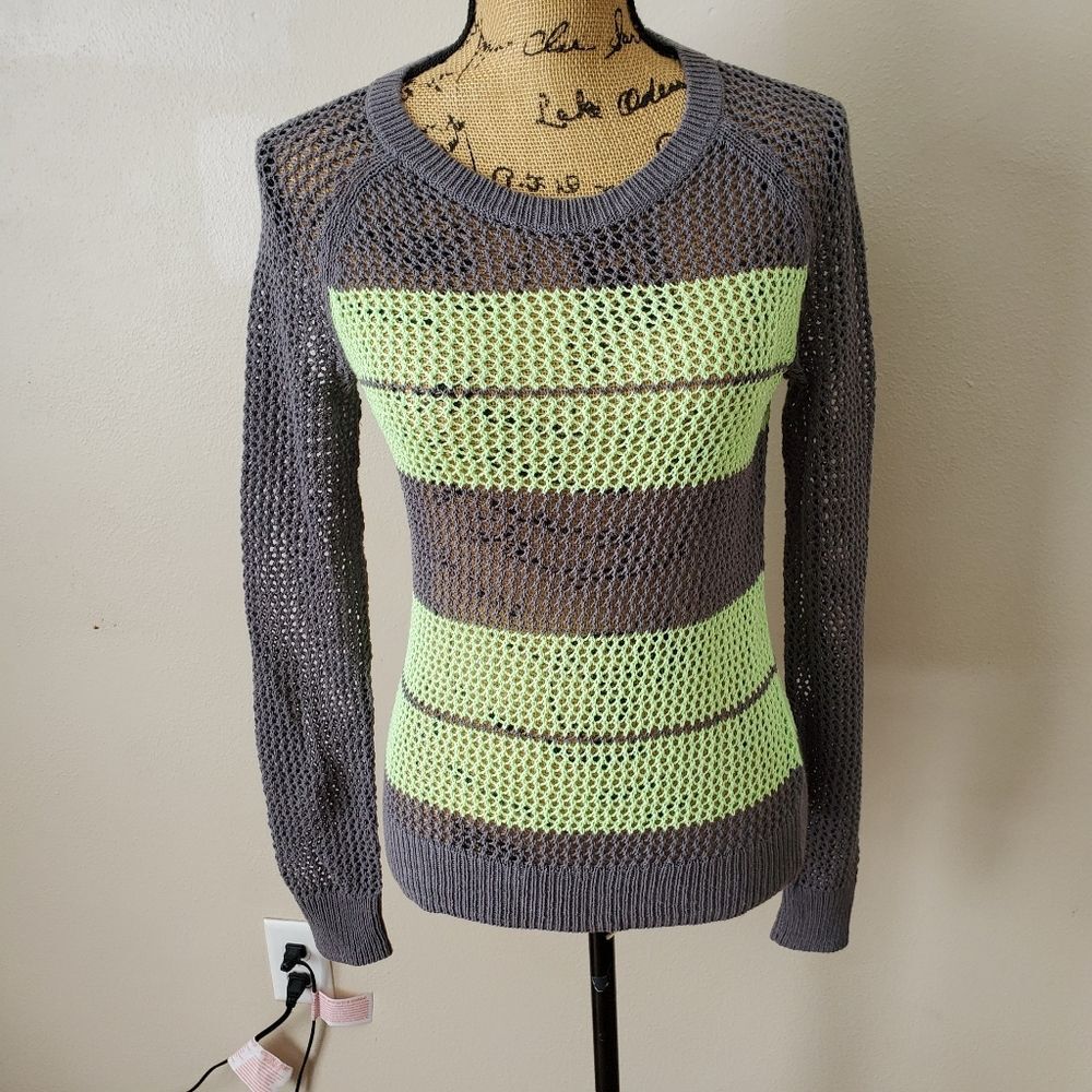Halogen Open Knit Striped Sweater Small Gray Neon Lime Green Mesh Grunge